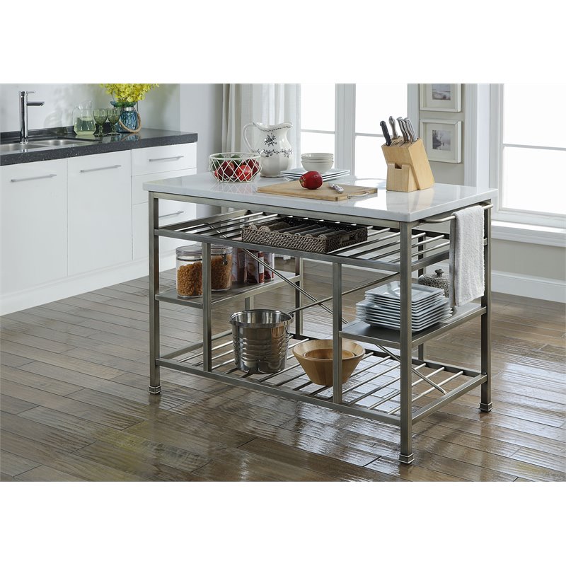 Bowery Hill Modern Kitchen Island in Marble and Antique Pewter