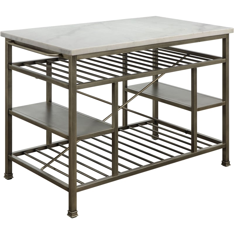 Bowery Hill Modern Kitchen Island in Marble and Antique Pewter