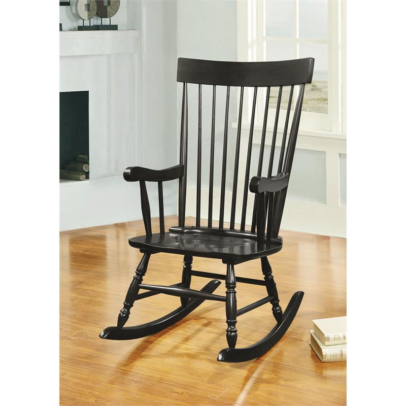 Bowery Hill Wooden Rocking Chair with Spindle Back and Recessed Armrest in Black