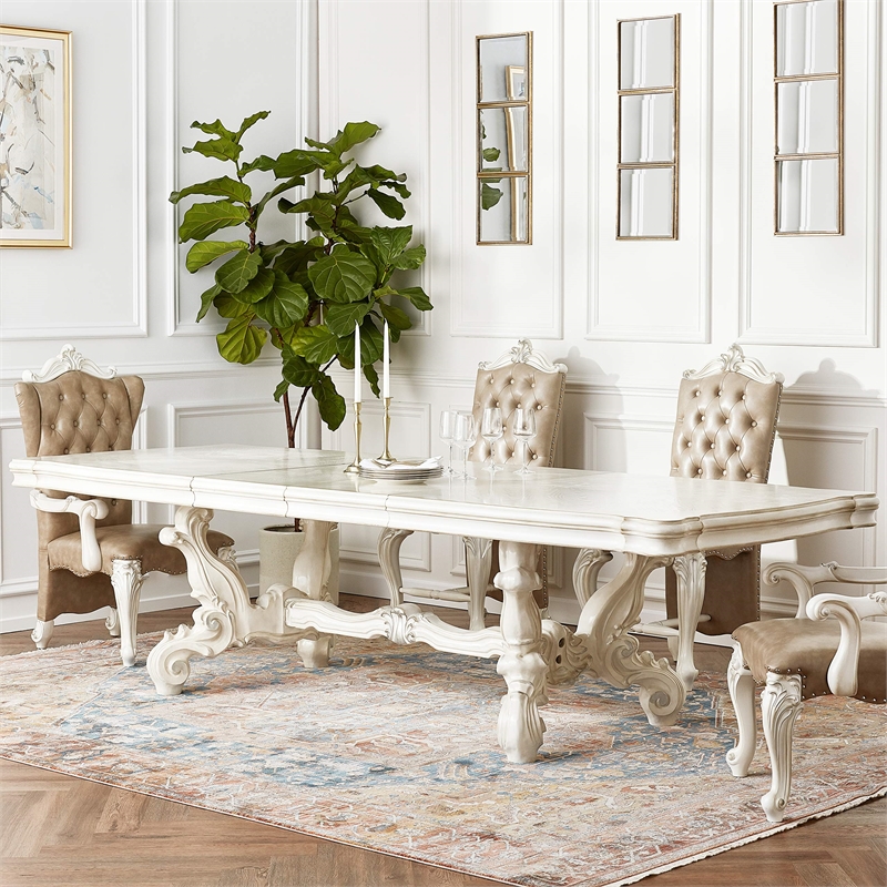 Bowery Hill Rectangular Wooden Dining Table with 2 Leaves in Bone White