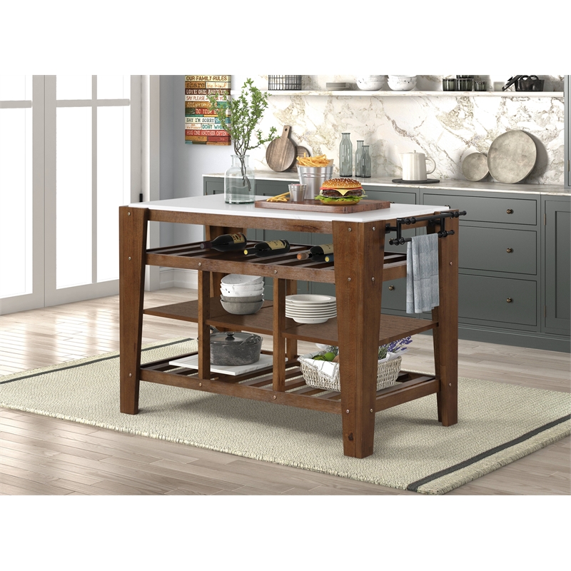 Bowery Hill 3-Shelf Wooden Kitchen Island in Marble and Rustic Brown