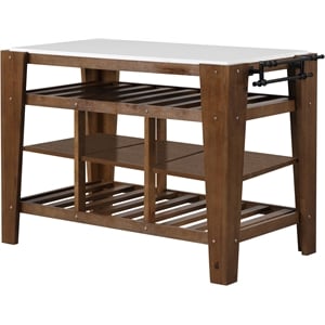 Bowery Hill 3-Shelf Wooden Kitchen Island in Marble and Rustic Brown
