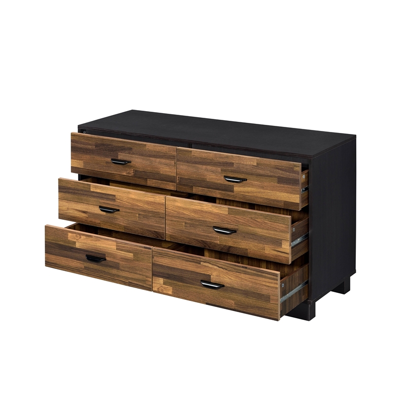 Bowery Hill Transitional 6-Drawer Wooden Dresser in Walnut and Black