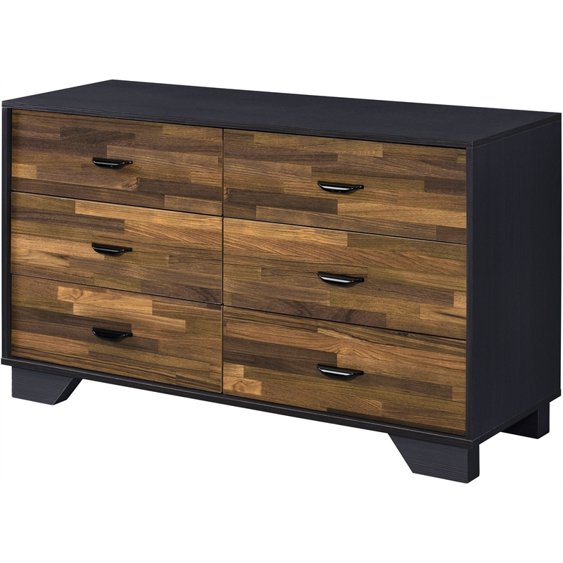 Bowery Hill Transitional 6-Drawer Wooden Dresser in Walnut and Black
