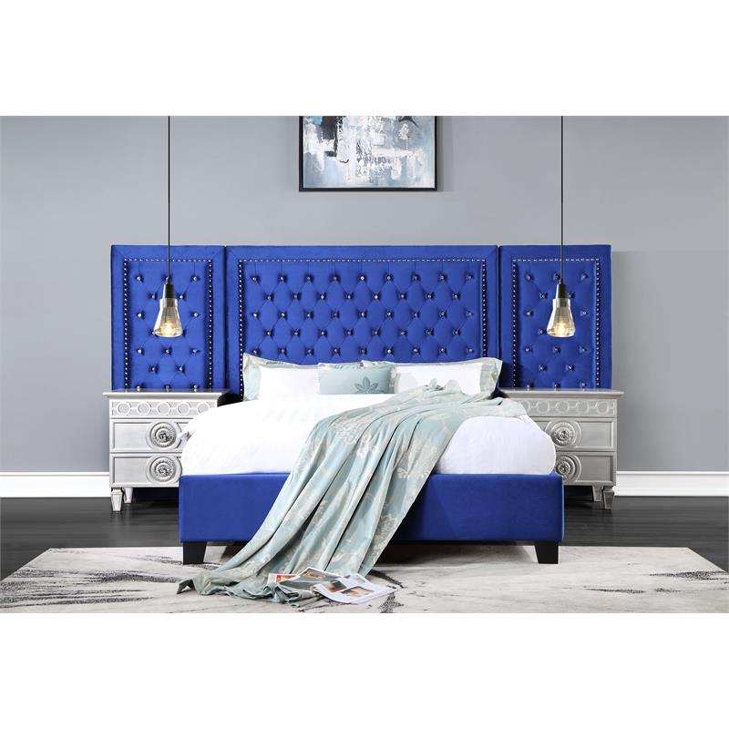 Bowery Hill Contemporary Eastern Velvet King Bed in Blue Finish
