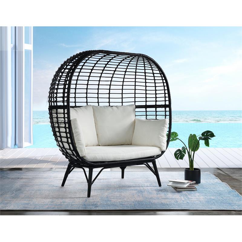 Bowery Hill Transitional Patio Lounge Chair in Cream Fabric & Black Finish