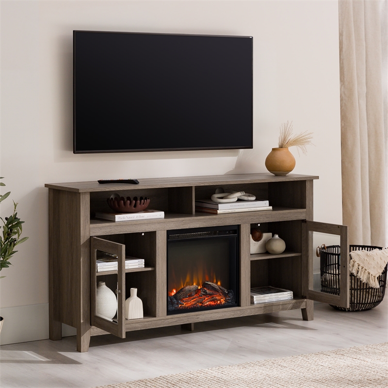 Bowery Hill Engineered Wood Driftwood TV Stand Rectangular Electric Fireplace 58