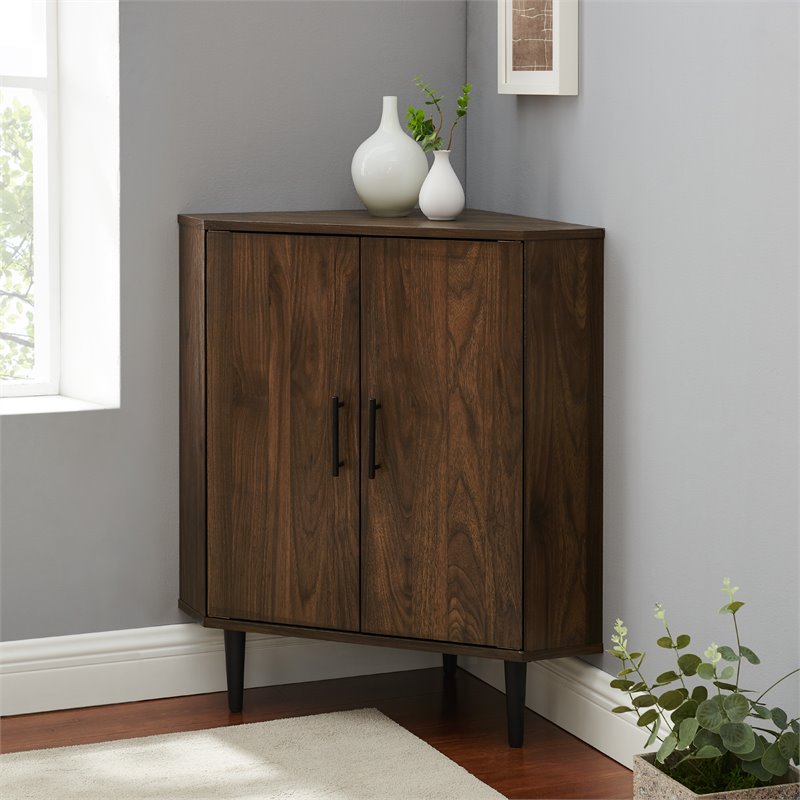 Bowery Hill Contemporary Double Door Corner Accent Cabinet in Dark Walnut