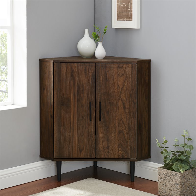 Bowery Hill Contemporary Double Door Corner Accent Cabinet in Dark Walnut