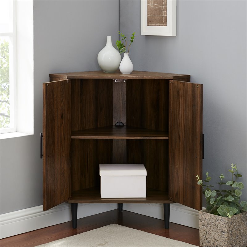Bowery Hill Contemporary Double Door Corner Accent Cabinet in Dark Walnut