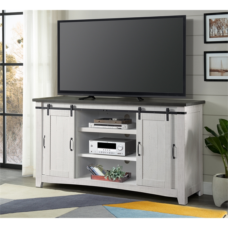 Bowery Hill Solid Wood TV Stand White Stain with Grey Stain Top