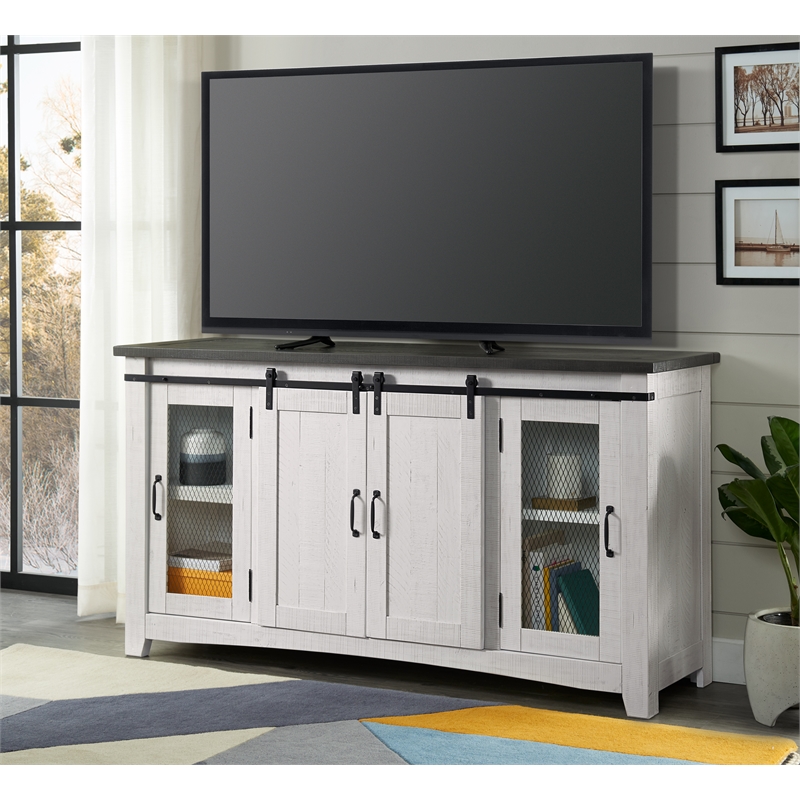 Bowery Hill Solid Wood TV Stand White Stain with Grey Stain Top