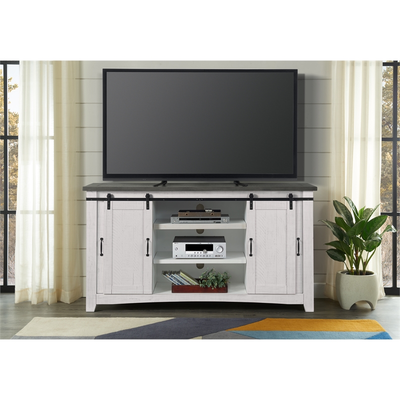 Bowery Hill Solid Wood TV Stand White Stain with Grey Stain Top