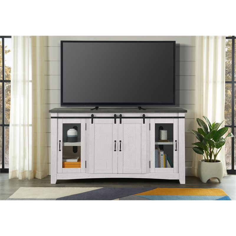 Bowery Hill Solid Wood TV Stand White Stain with Grey Stain Top