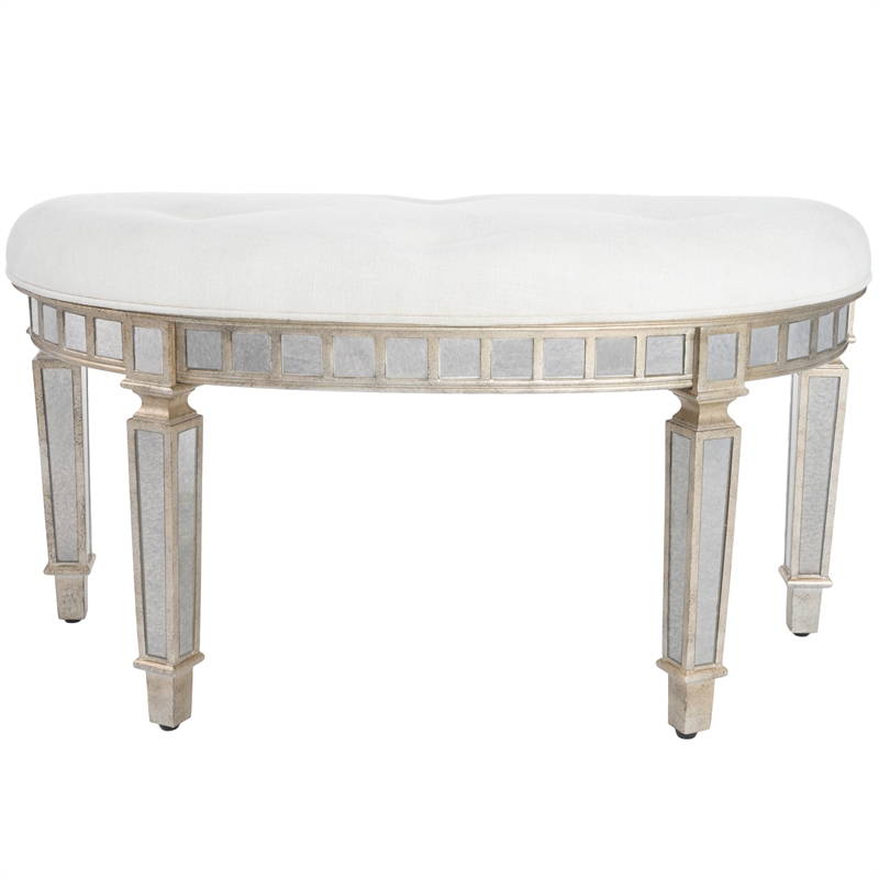 Bowery Hill Traditional Mirrored Demilune Bench in Silver Finish