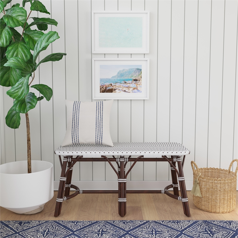 Bowery Hill Transitional Rattan Weave Bench in Dark Brown Finish