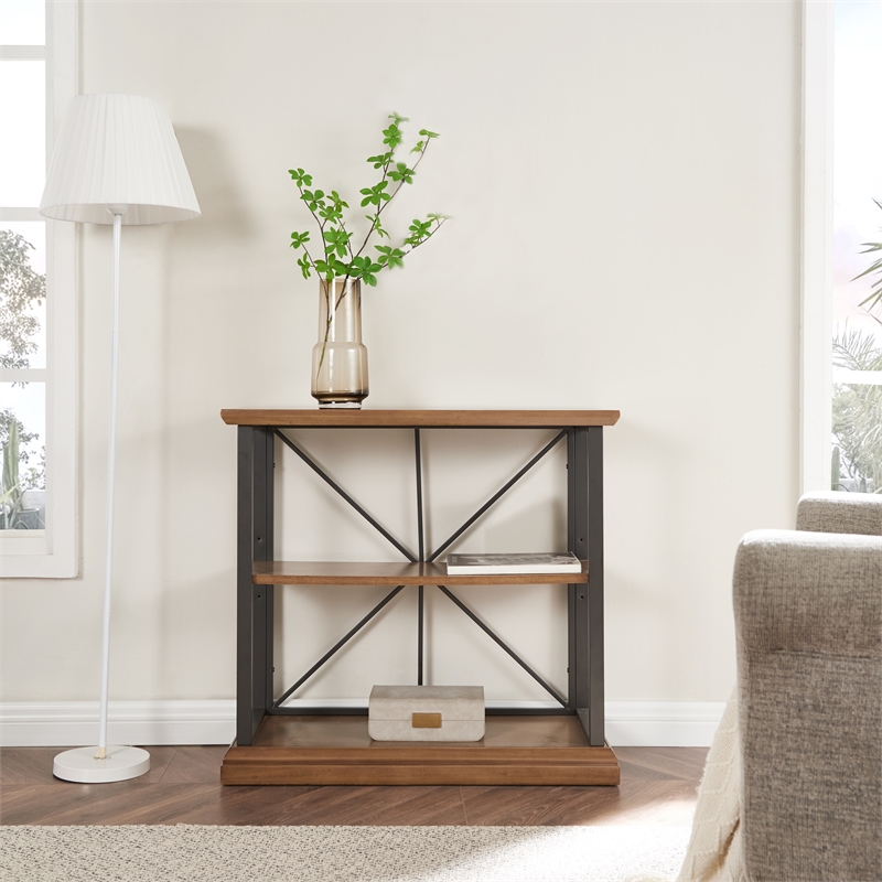 Bowery Hill Modern Mixed Metal and Wood Bookshelf in Willow/Gunmetal Espresso