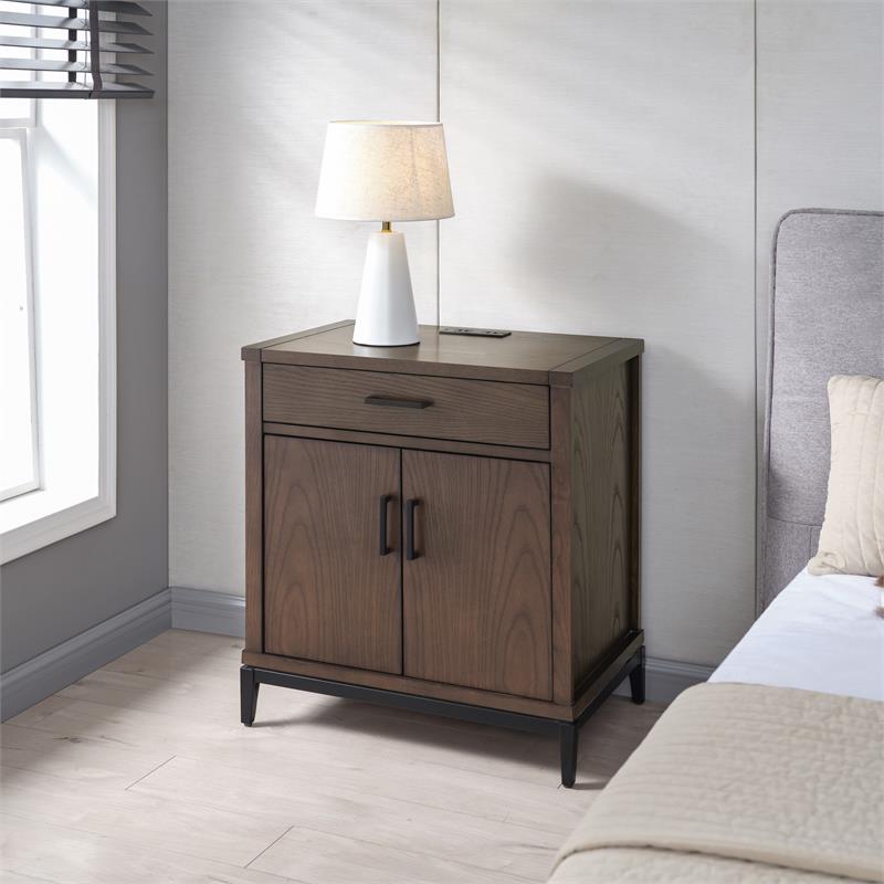 Bowery Hill Modern Assembled Nightstand Table with AC/USB in Coffee Bean/Black