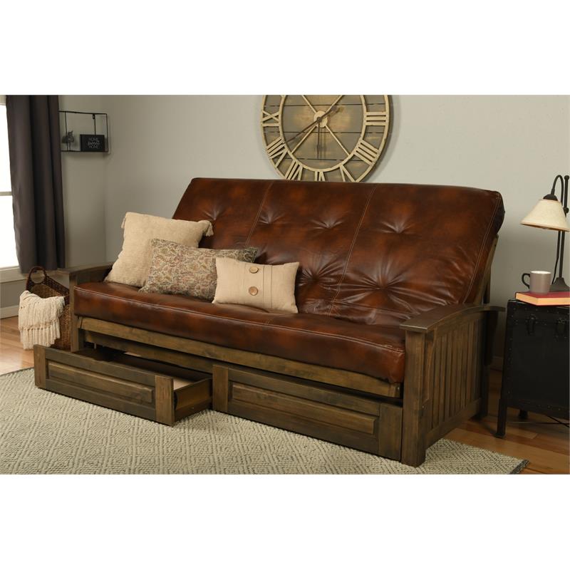 Bowery Hill Queen-size Wood Storage Futon-Saddle Brown Mattress