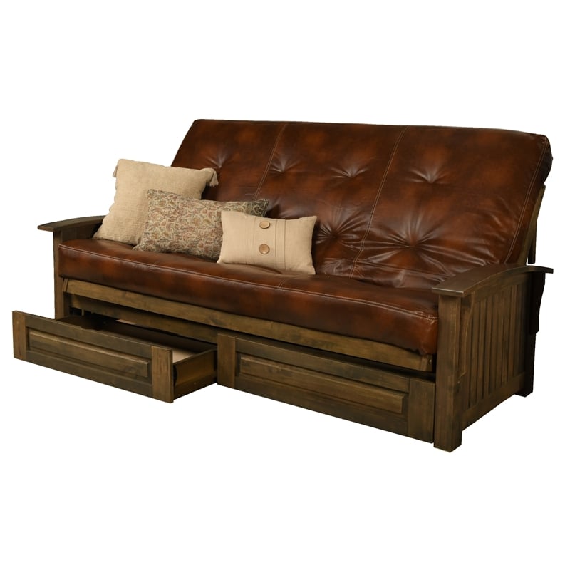 Bowery Hill Queen-size Wood Storage Futon-Saddle Brown Mattress
