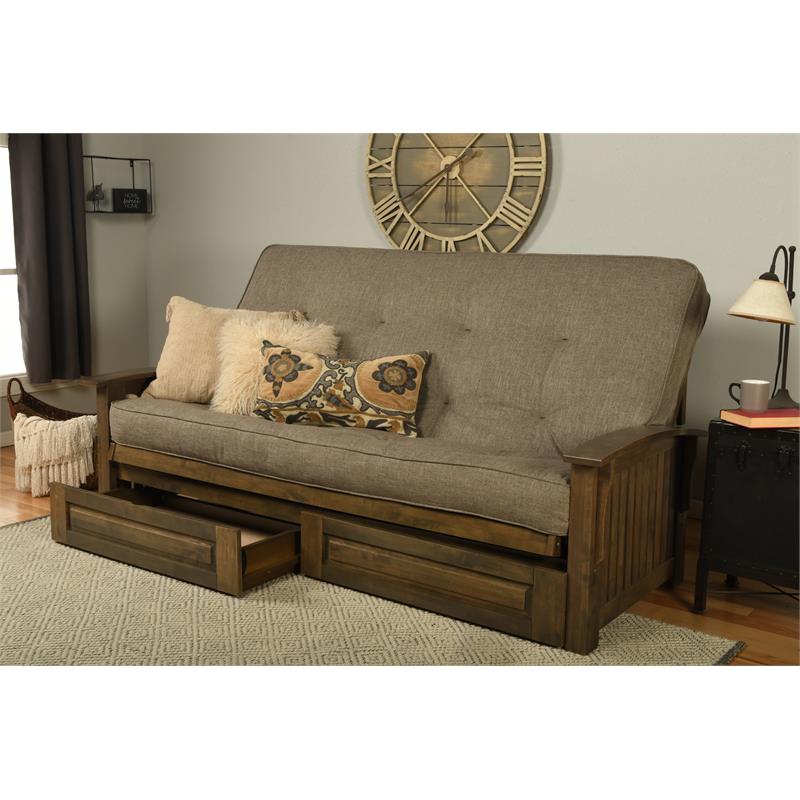 Bowery Hill Queen-size Wood Storage Futon- Linen Stone Mattress