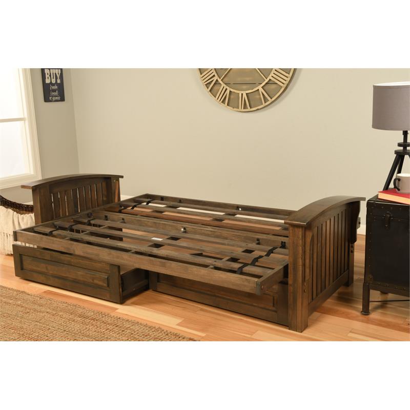 Bowery Hill Queen-size Wood Storage Futon- Linen Stone Mattress