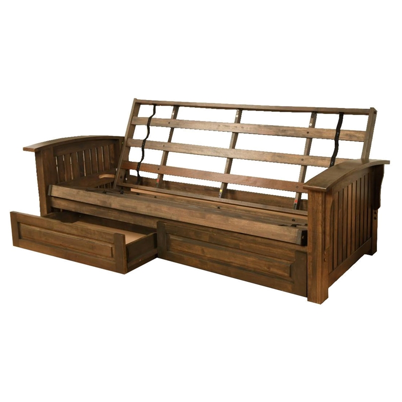 Bowery Hill Wood Queen Size Storage Futon Frame in Rustic Walnut
