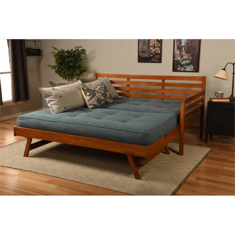Bowery Hill Wood Daybed/Pop Up Bed in Brown w/ Linen Mattress