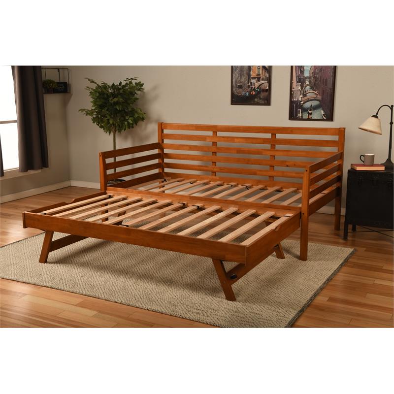 Bowery Hill Wood Daybed/Pop Up Bed in Brown w/ Linen Mattress