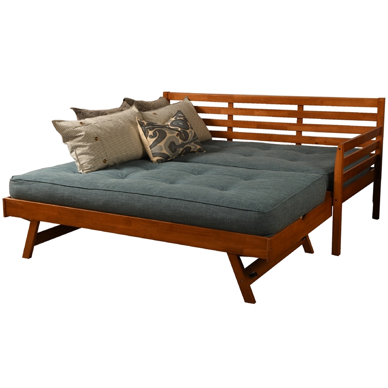 Bowery Hill Wood Daybed/Pop Up Bed in Brown w/ Linen Mattress