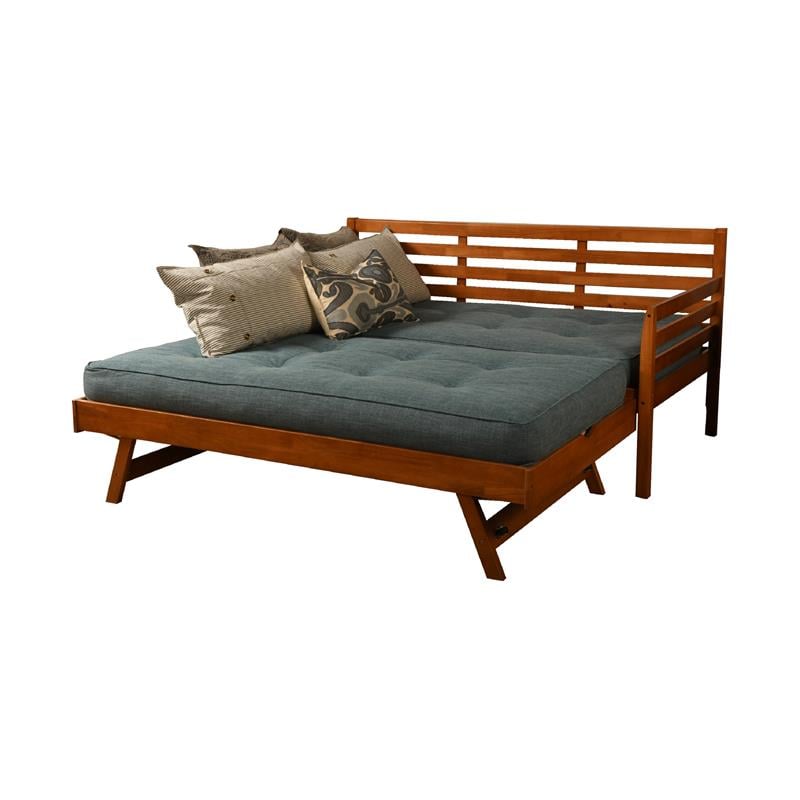 Bowery Hill Wood Daybed/Pop Up Bed in Brown w/ Linen Mattress