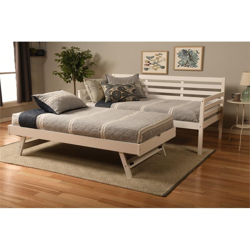 Bowery Hill Wood Daybed and Pop Up Bed in White with Linen Mattress