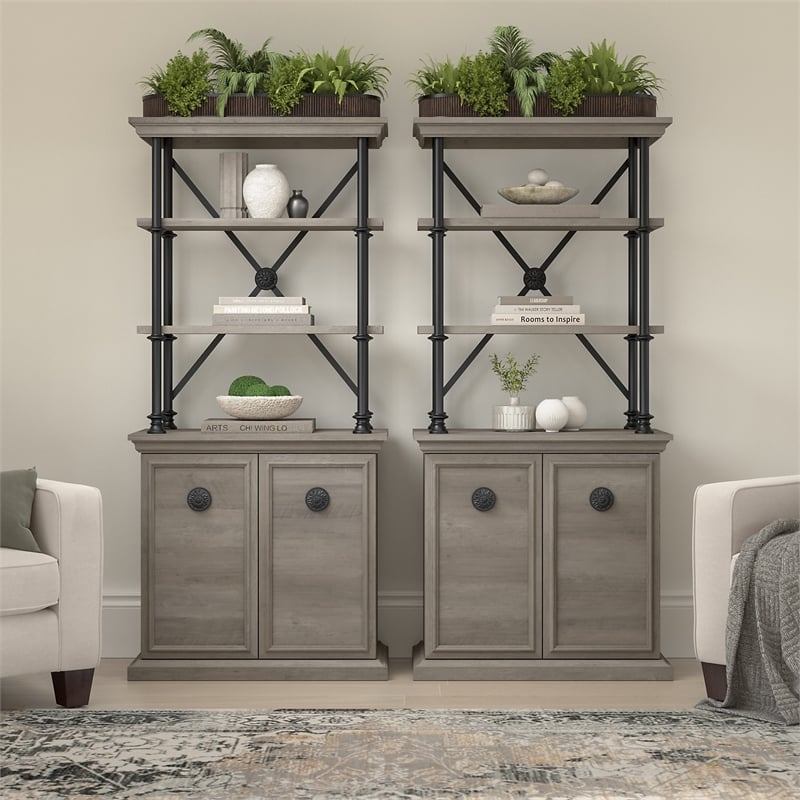 Bowery Hill Bookcase with Doors (Set of Two) in Driftwood Gray - Engineered Wood