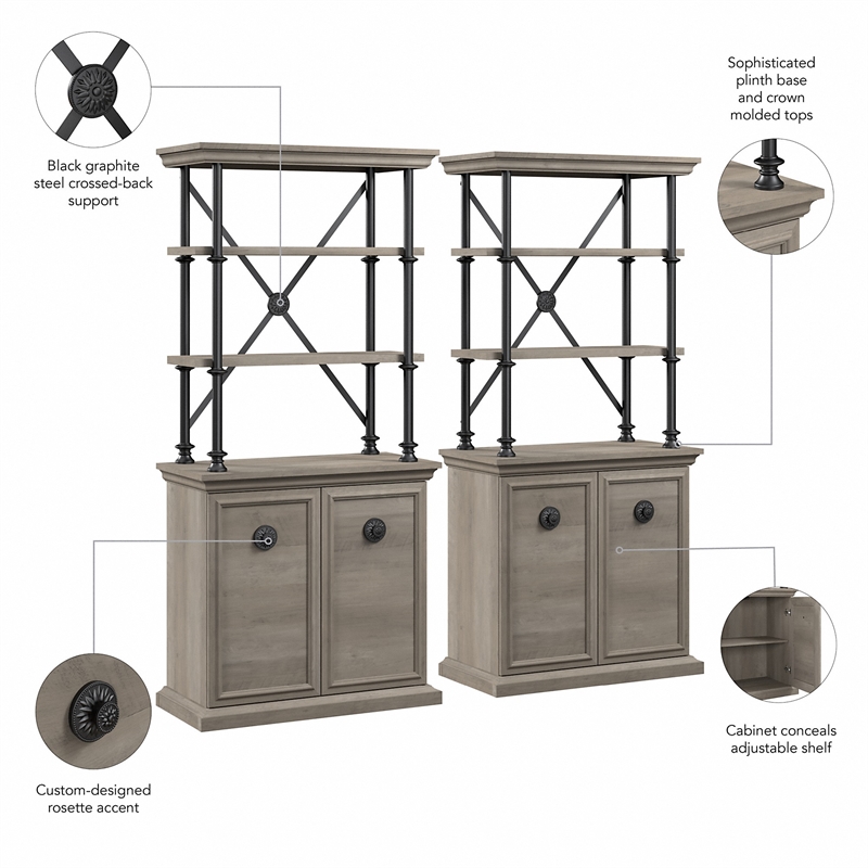 Bowery Hill Bookcase with Doors (Set of Two) in Driftwood Gray - Engineered Wood