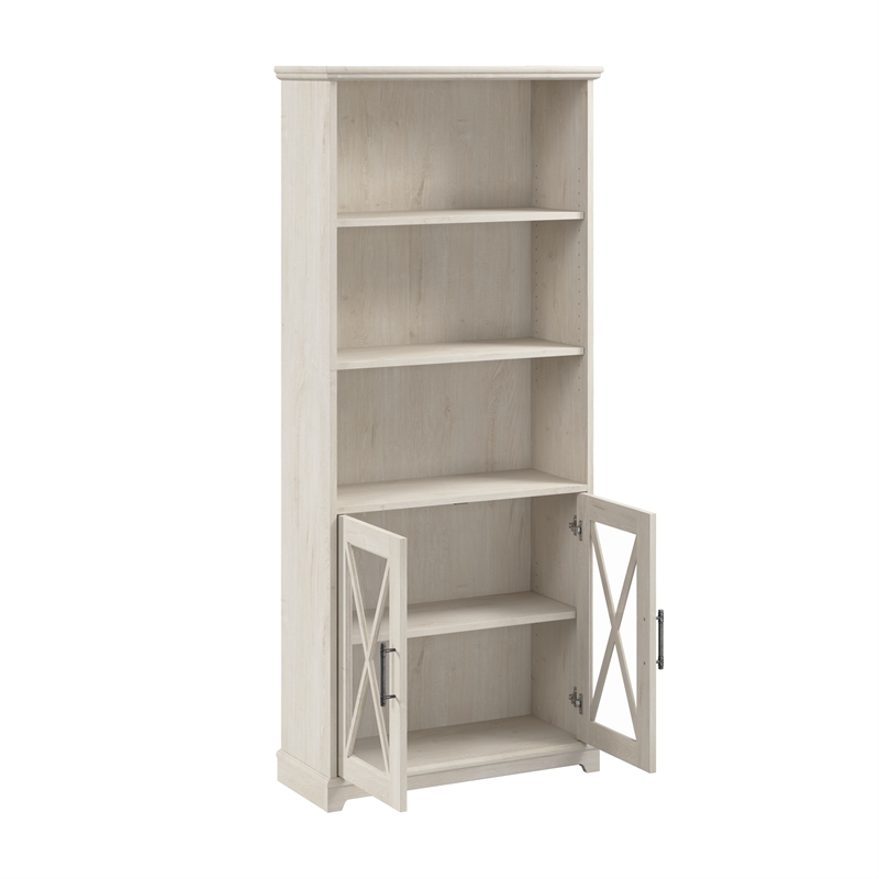 Bowery Hill Engineered Wood 5 Shelf Bookcase with Glass Doors in Linen White Oak