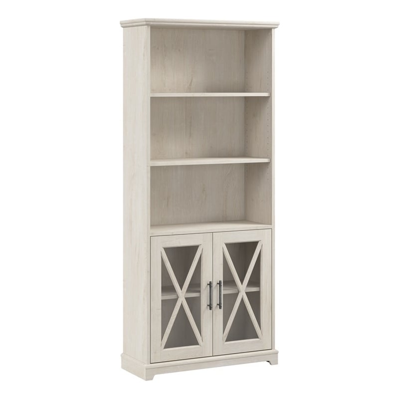 Bowery Hill Engineered Wood 5 Shelf Bookcase with Glass Doors in Linen White Oak