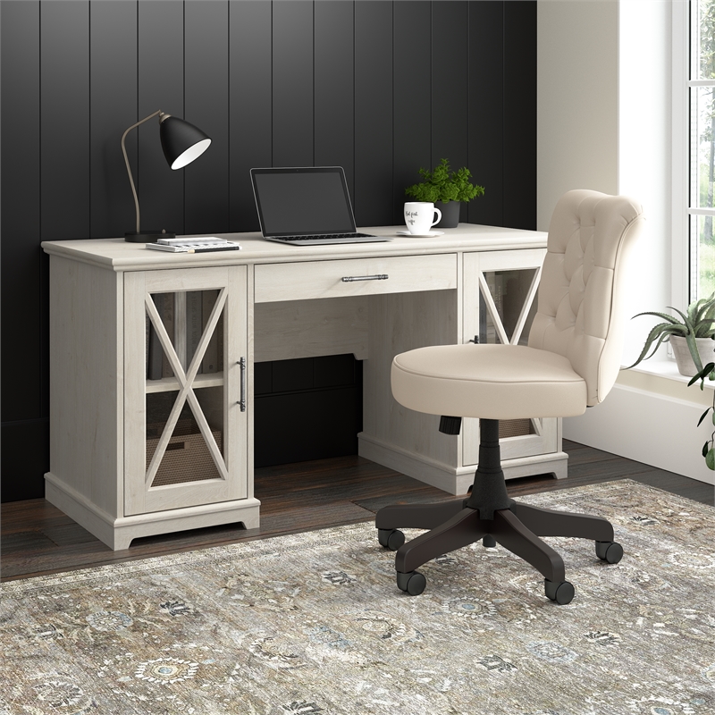 Bowery Hill Engineered Wood Desk with Keyboard Tray in Linen White Oak