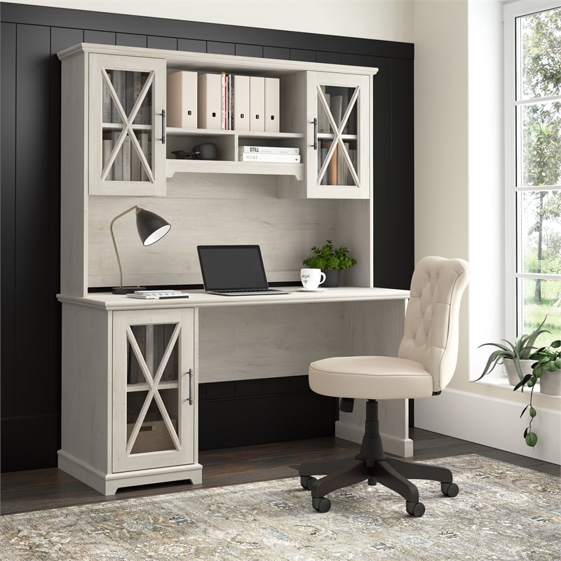 Bowery Hill Engineered Wood Desk with Storage Cabinet in Linen White Oak