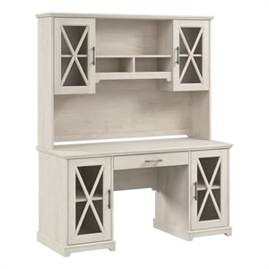 Bowery Hill Engineered Wood Desk with Hutch and Keyboard Tray in Linen White Oak