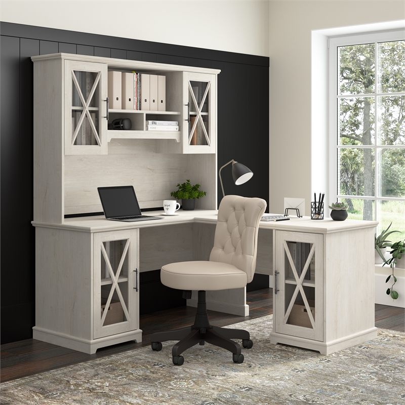 Bowery Hill Engineered Wood L-Shaped Desk with Hutch in Linen White Oak
