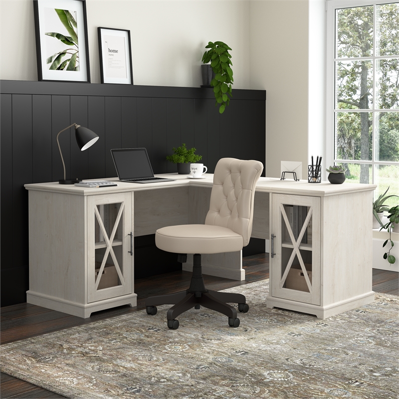 Bowery Hill Engineered Wood L-Shaped Desk in Linen White Oak