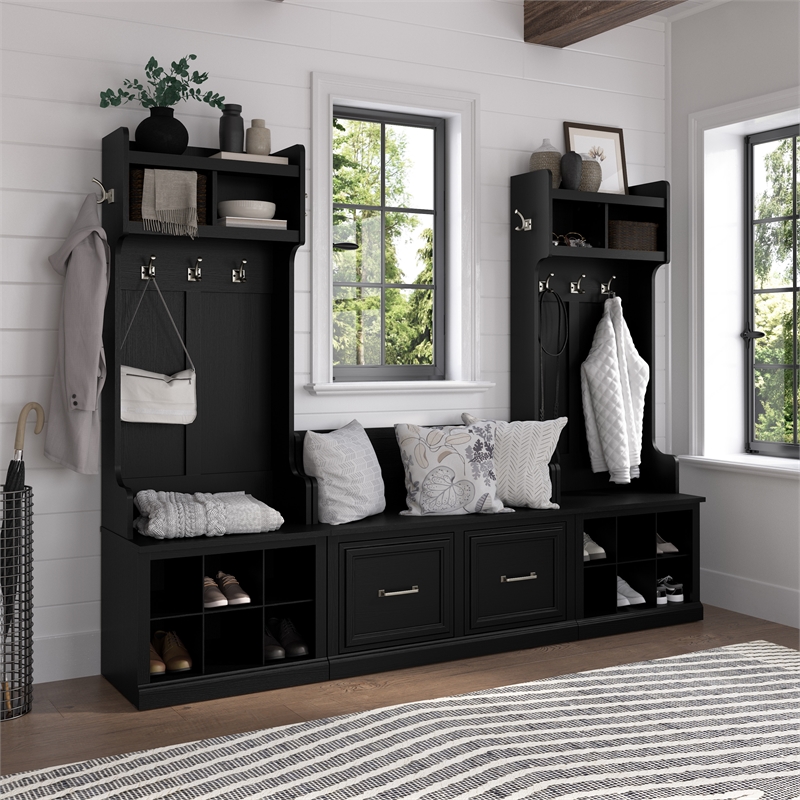 Bowery Hill Engineered Wood Entryway Storage Set with Doors in Black Suede Oak