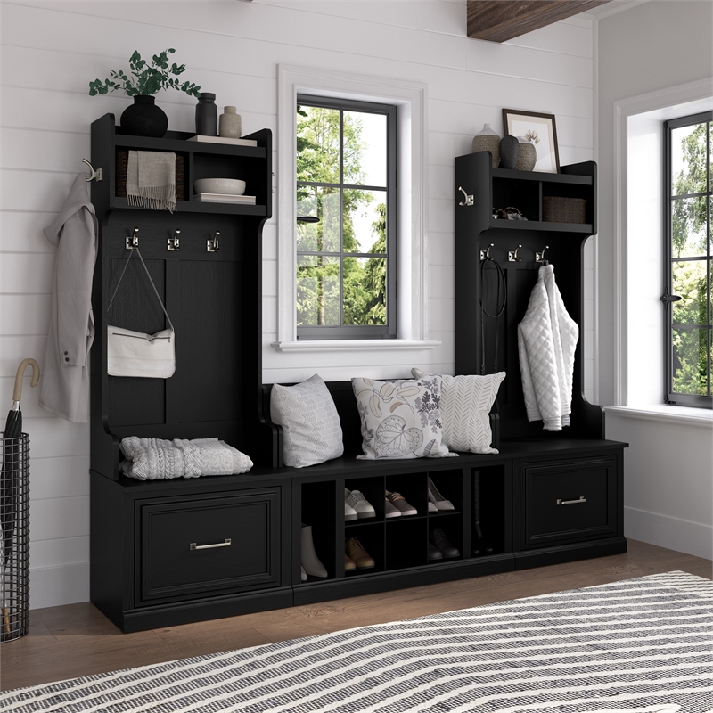 Bowery Hill Engineered Wood Entryway Storage Set w/ Drawers in Black Suede Oak