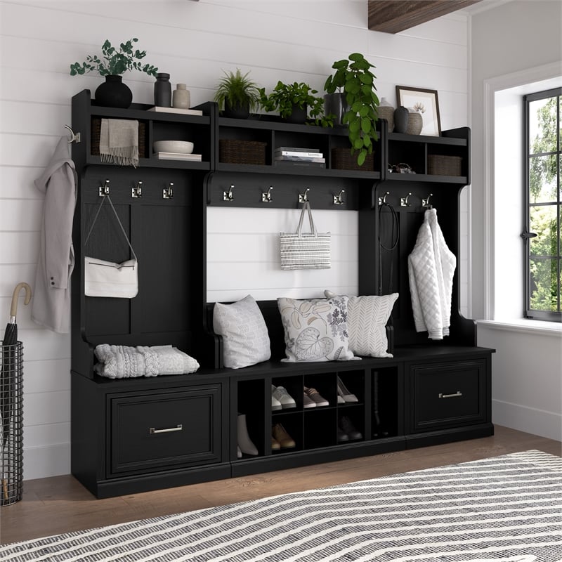 Bowery Hill Full Engineered Wood Entryway Storage Set with Drawers in Black Oak