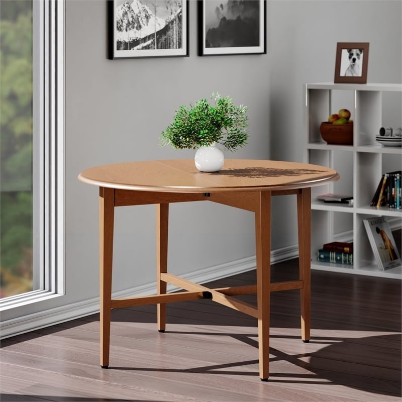 Bowery Hill Round Drop Leaf Contemporary Solid Wood Dining Table in Light Oak