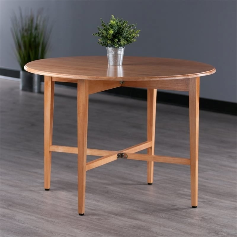 Bowery Hill Round Drop Leaf Contemporary Solid Wood Dining Table in Light Oak