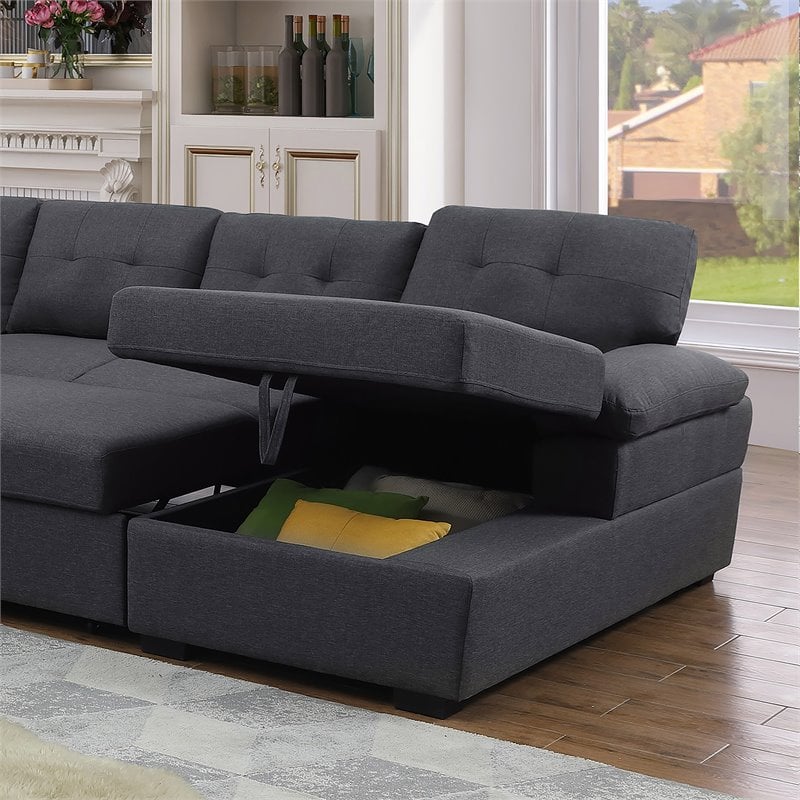 Bowery Hill 5-Seat Fabric Sleeper Sectional Sofa with Storage in Dark Gray