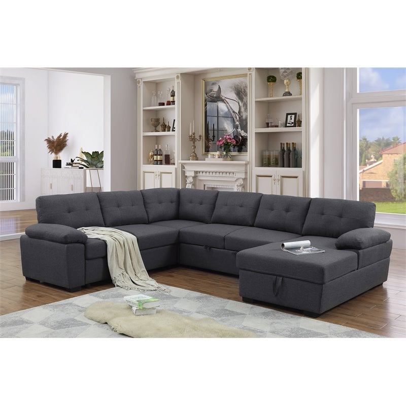 Bowery Hill 5-Seat Fabric Sleeper Sectional Sofa with Storage in Dark Gray