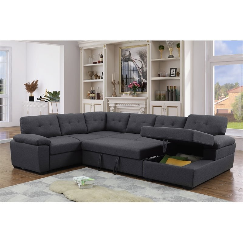 Bowery Hill 5-Seat Fabric Sleeper Sectional Sofa with Storage in Dark Gray
