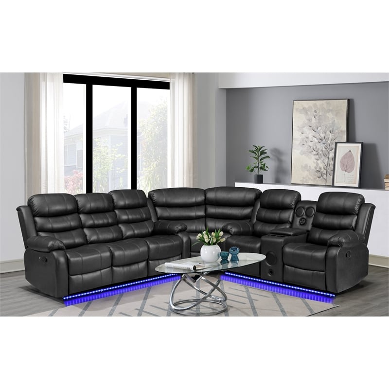 Bowery Hill Modern LED Faux Leather Reclining Sectional in Black